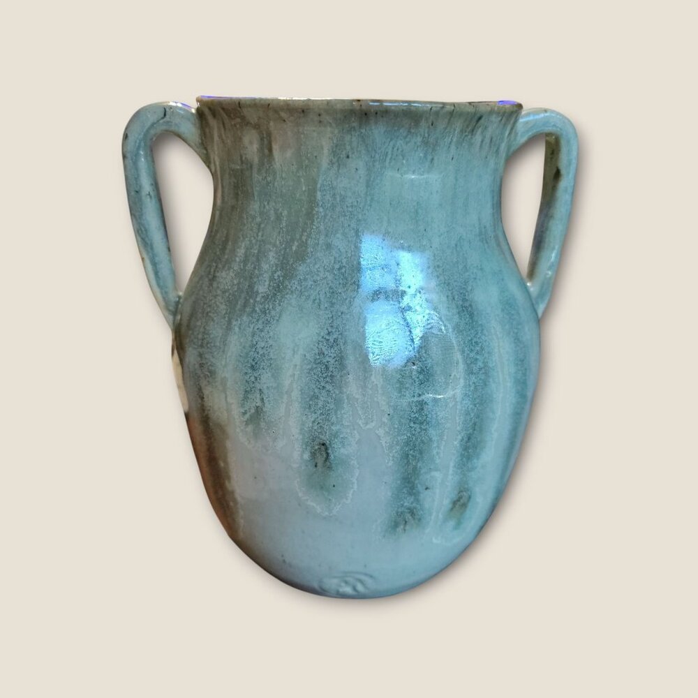 Handcrafted Two-Handled Pottery Vase 7.5"H X 8" Glazed Finish Unique Art Decor